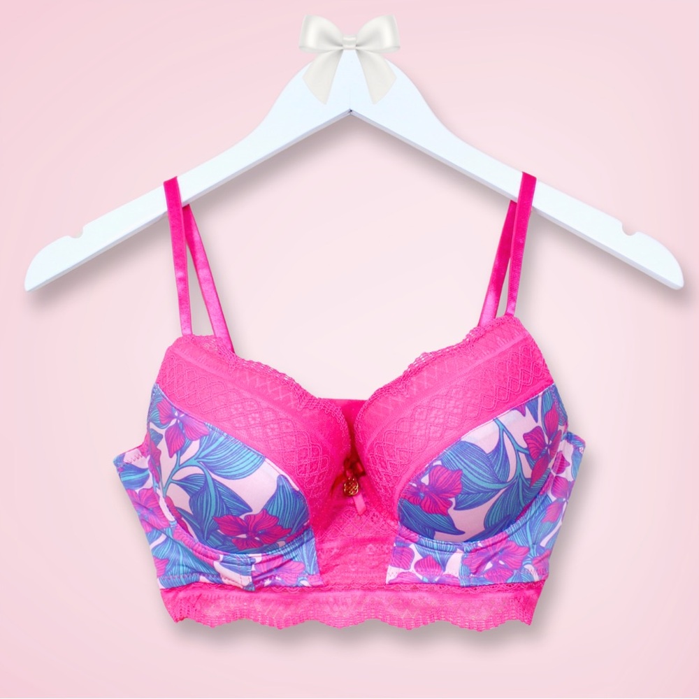 Daisy Fuentes Longline Push-Up Bra - 34C - Hot Pink Tropical Floral Pattern